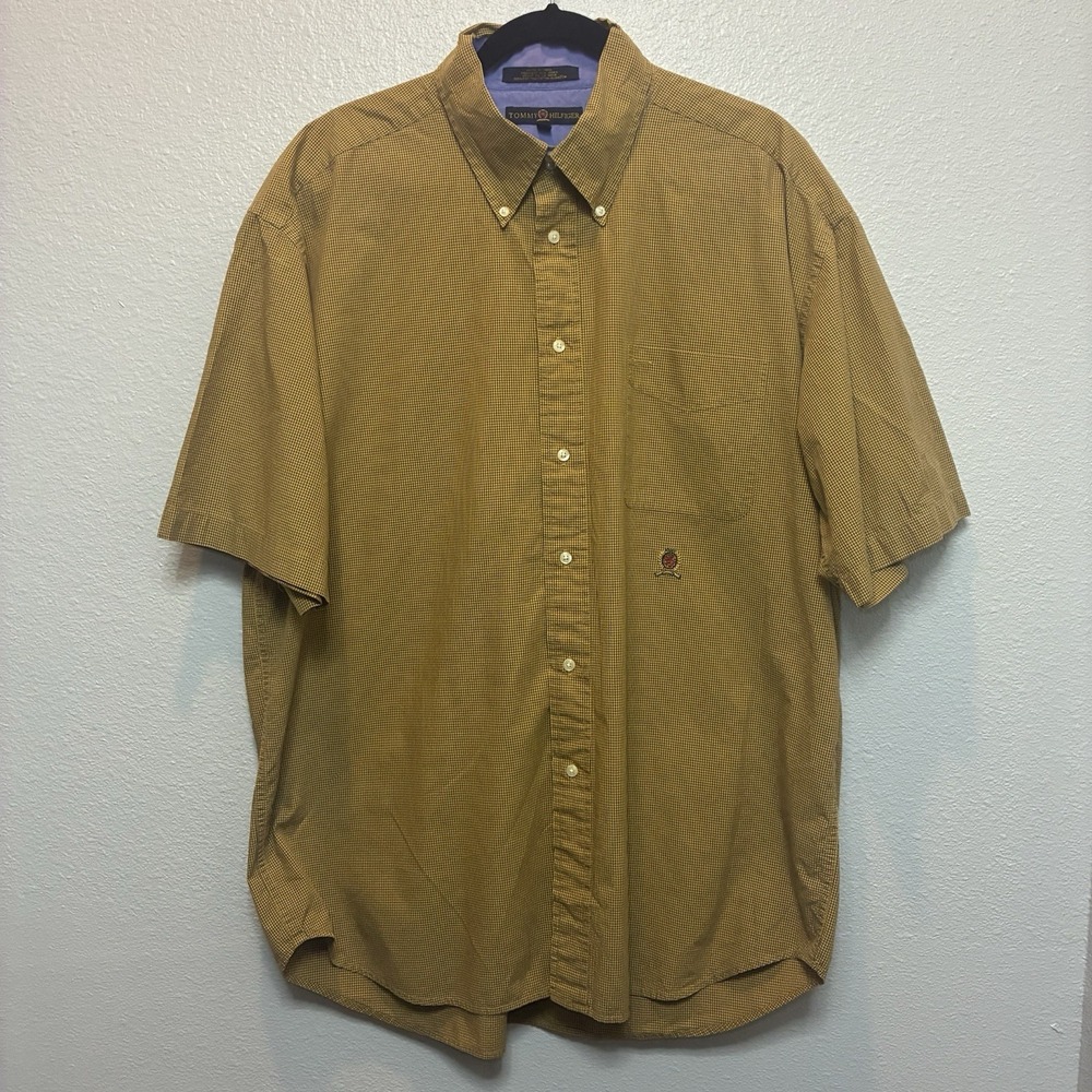 VTG Tommy Hilfiger‎ Y2K Gold Navy Checkered Crest Men's XL Short Sleeve 90's